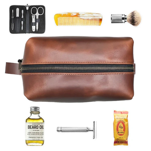 Dopp Kit / Horween Whiskey Cavalier Leather x TexWax™ Autumn Plaid Wax Canvas - Image 6